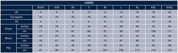 Shires Ladies Size Chart